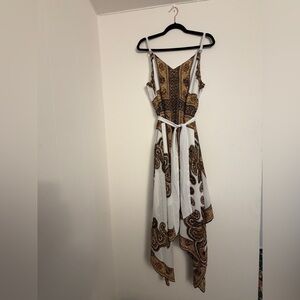 Michael Kors Paisley Shark Bite Hem White Waist Sash Spaghetti Strap XL Dress